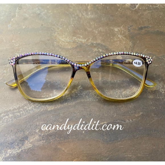 NWT Candy Did It! Handmade Amber & Black Crystal Bling Reader Glasses 4.00 STG - Picture 2 of 8